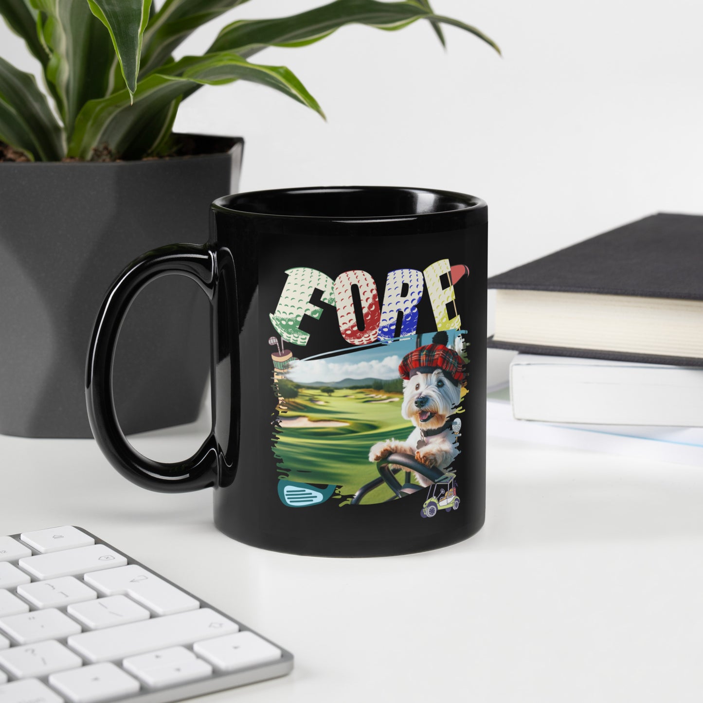 Westie Golf, Fore. Black Glossy Mug