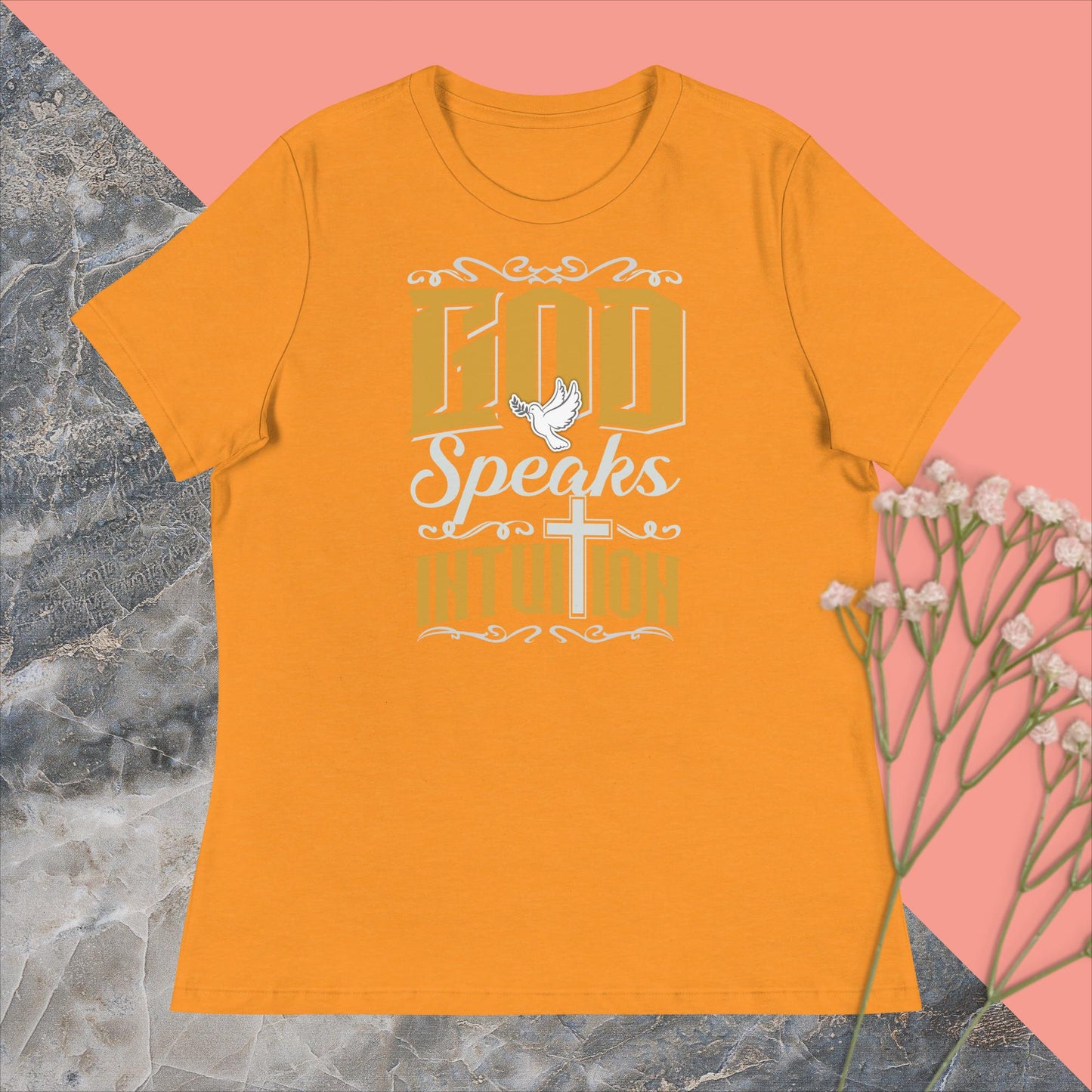 Women's Relaxed T-Shirt. God Speaks Intuition.